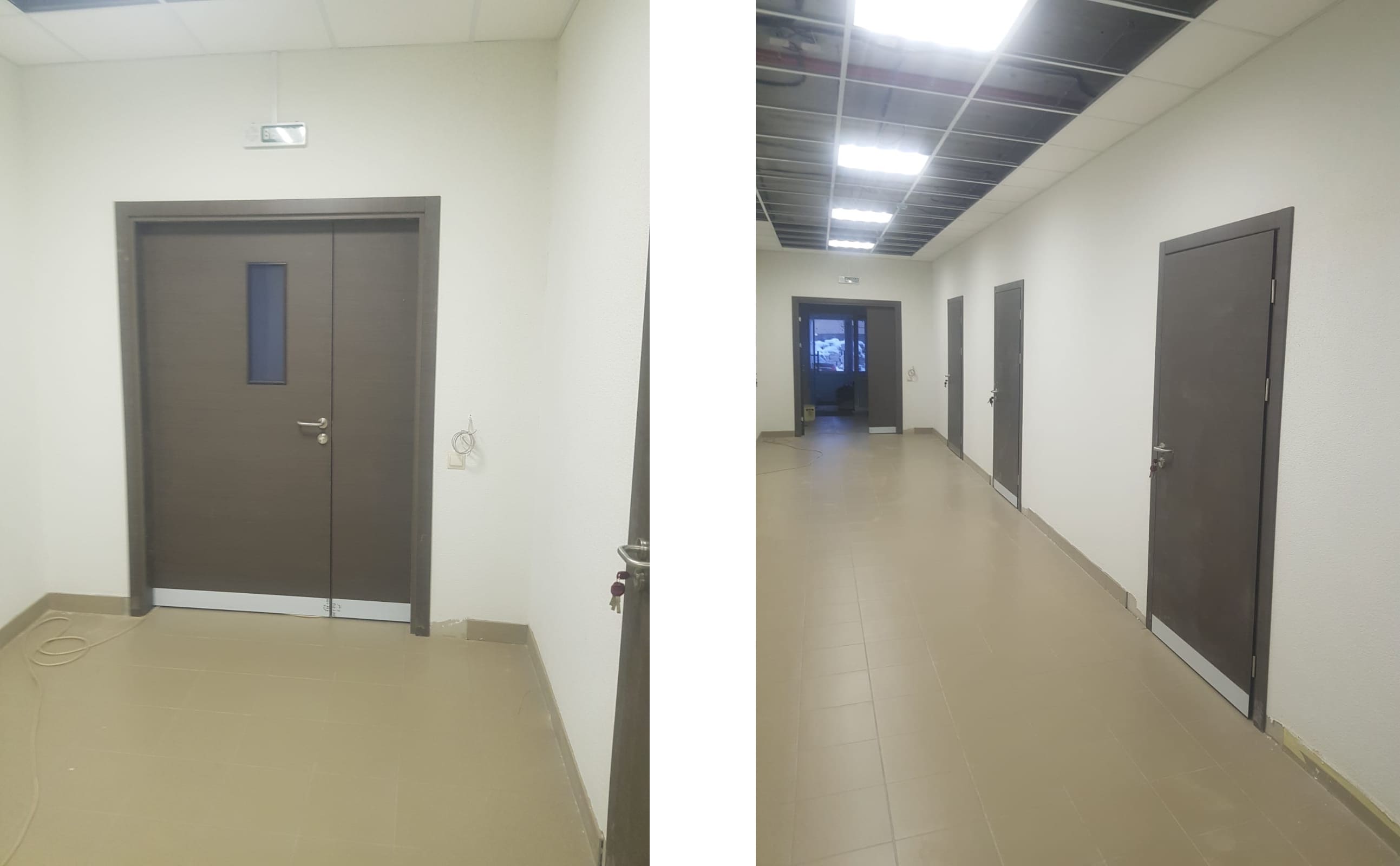 Серые распашные двери в коридоре бизнес-центра