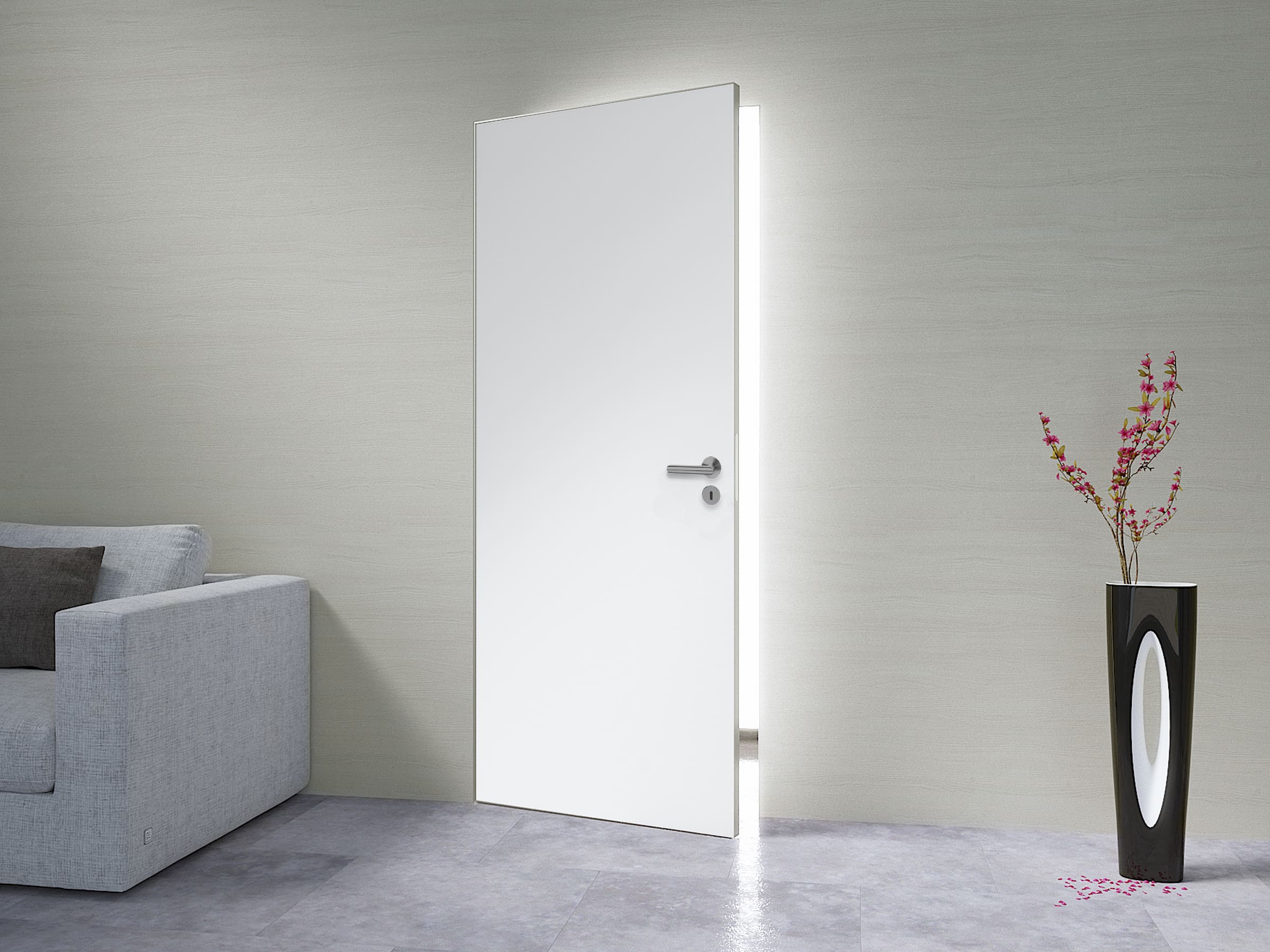 Дверь-невидимка белого цвета приоткрытая