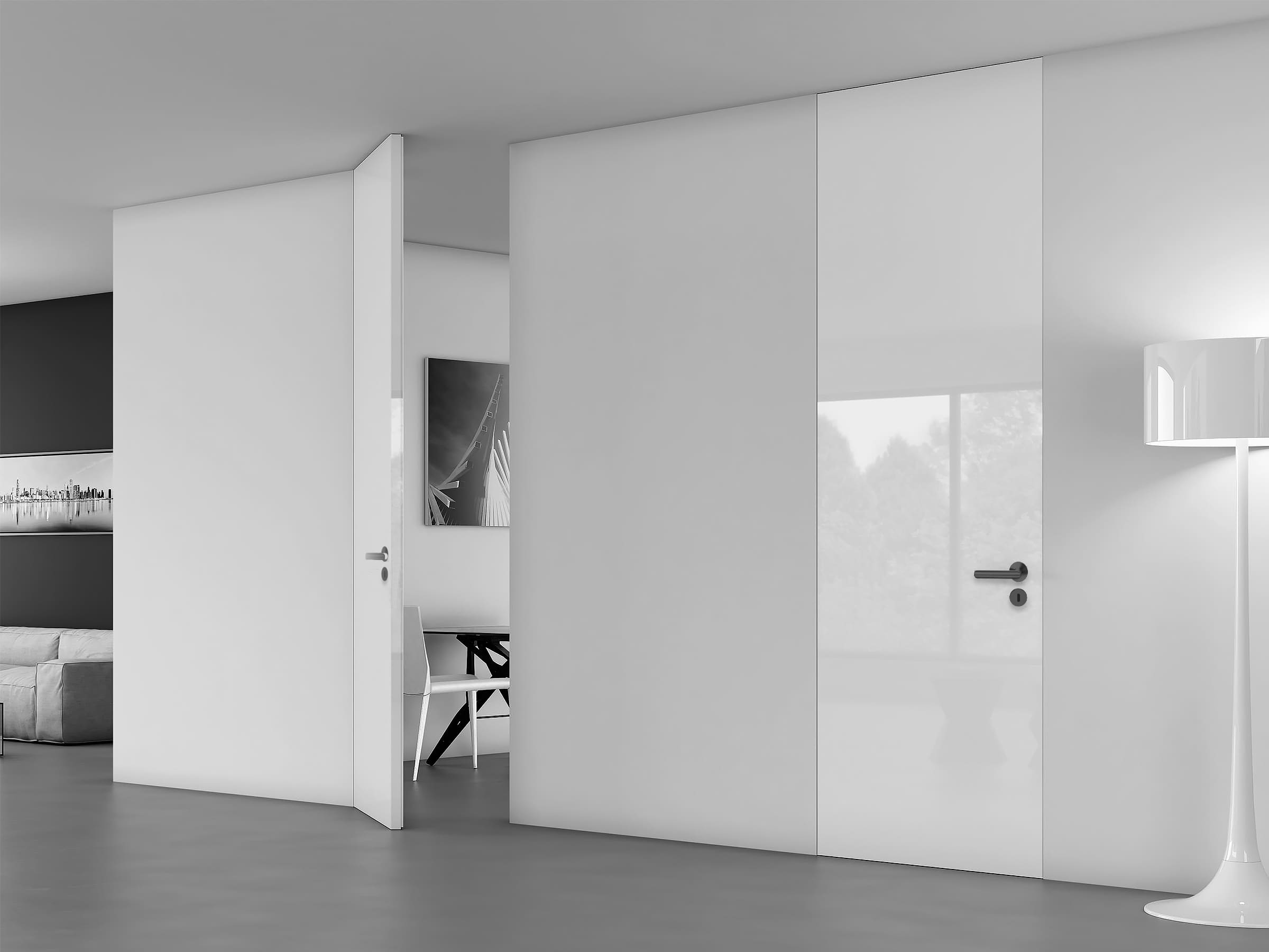 Высокие белые двери-невидимки с глянцевым покрытием CPL