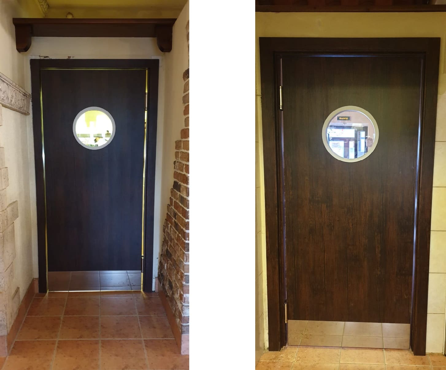 Фото одностворчатой деревянной маятниковой двери со стеклом круглой формы